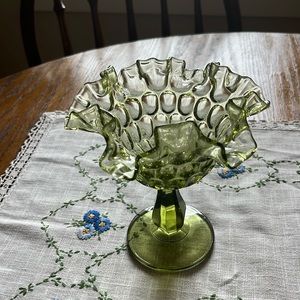 Fenton Thumbprint Ruffled Compote Colonial Green Double-Crimped Bowl 6"